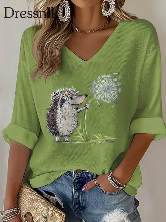 Damen Waffel T Shirt mit Igel druck Grün / S