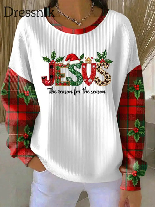 Damen weihnachten kombiniert mit Glaubens druck Geripptes Rundhals-Sweatshirt Weiß / S