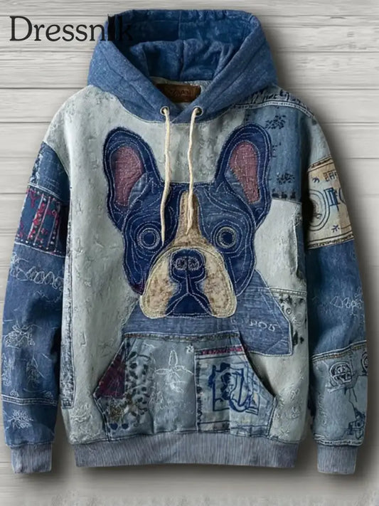 Denim Dog Print Kunst Casual Hoodie als bild / S