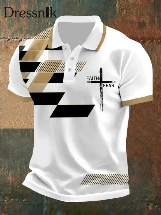 Der Glaube der MĂ€nner ĂŒber die Angst Kreuz Glaube Geometrischer Druck Casual Polo Khaki / S