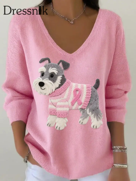 Frauen Filz Kunst Schnauzer Muster V Ausschnitt gerippt Top Rosa / S