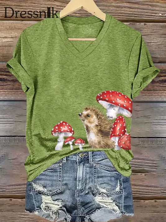 Frauen Igel Print Kurzarm T Shirt Grün / S