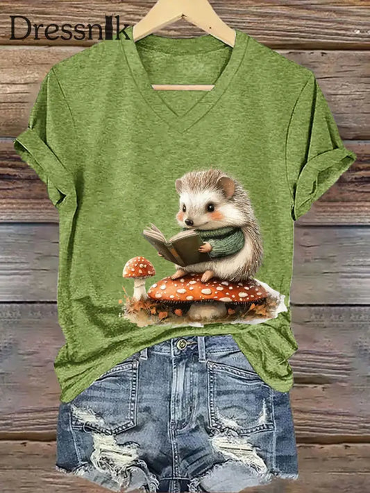 Frauen Igel Print Kurzarm T Shirt Grün / S