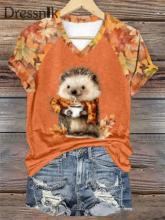 Frauen Igel Print Kurzarm T Shirt Orange / S