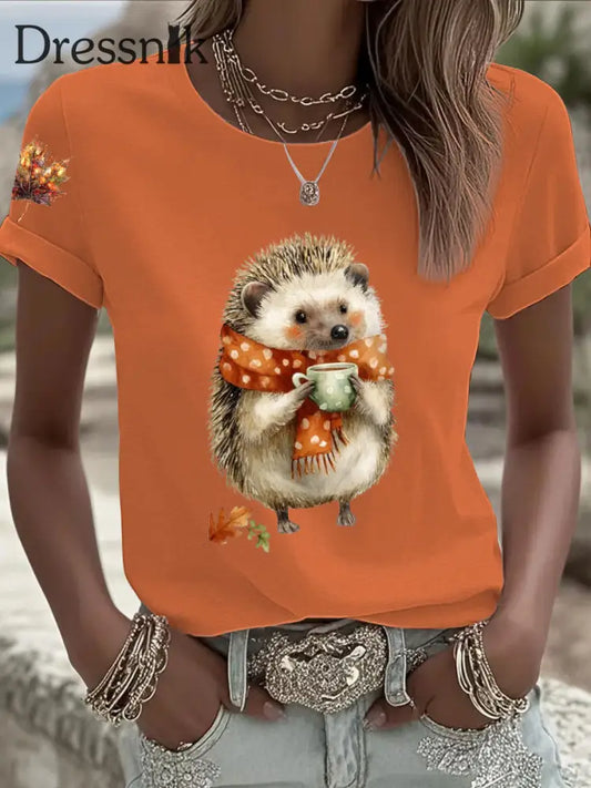 Frauen Igel Print Kurzarm T Shirt Orange / S