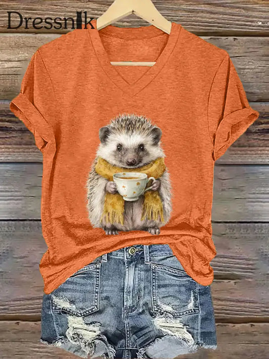 Frauen Igel Print Kurzarm T Shirt Orange / S