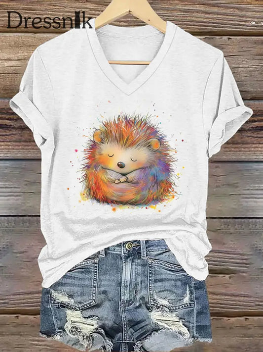 Frauen Igel Print Kurzarm T Shirt Weiß / S