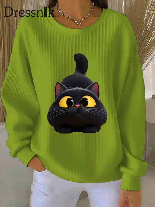 Frauen lustige schwarze Katze gerippt Rundhals-Sweatshirt Grün / S