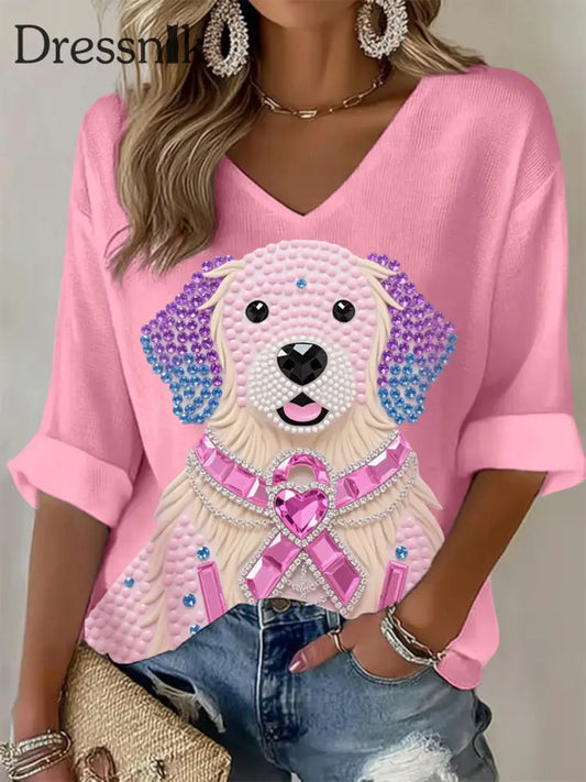 Frauen Rosa Strass Hund Rosa Band Druck Brustkrebs Bewusstsein Unterstützung Langarm Top Rosa / S