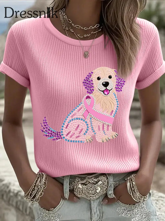 Frauen Rosa Strass Hund Rosa Band Druck Brustkrebs Bewusstsein Unterstützung T Shirt Rosa / S