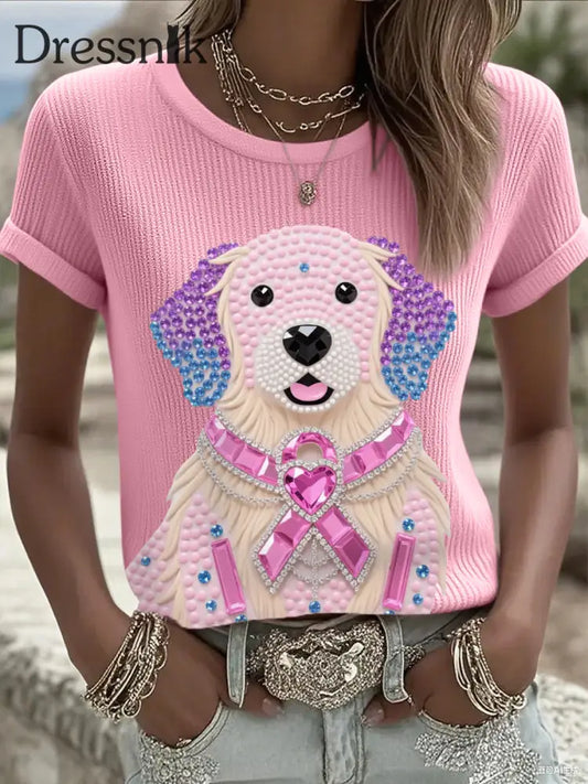 Frauen Rosa Strass Hund Rosa Band Druck Brustkrebs Bewusstsein Unterstützung T Shirt Rosa / S