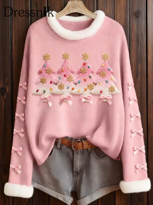 Frauen rosa Weihnachts baum Filz Kunst pelzigen Top Rosa / S