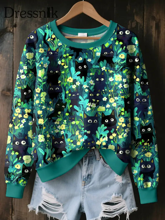 Frauen schwarze Katze Kunstdruck Sweatshirt als bild / S