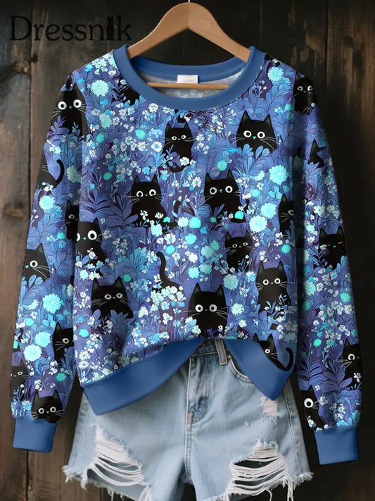 Frauen schwarze Katze Kunstdruck Sweatshirt als bild / S