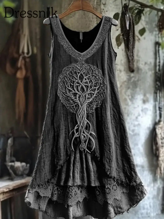 Frauen Stammes baum des Lebens Spitze Patchwork Kunst Leinen Tank Kleid Schwarz / S