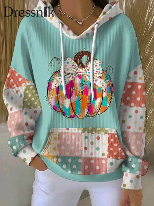Frauen Thanksgiving Kunst Kürbis bedruckter Hoodie Blau-Grün / S