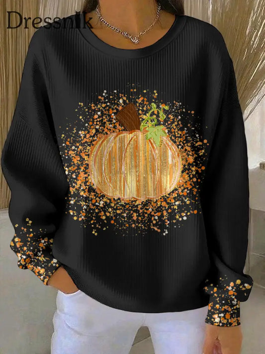 Frauen Thanksgiving Kunst Kürbis bedrucktes Sweatshirt Schwarz / S