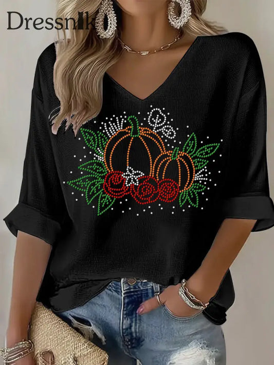 Frauen Thanksgiving Print Casual T-Shirt Schwarz / S
