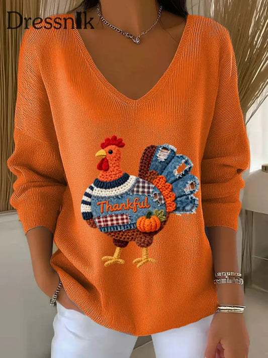 Frauen Thanksgiving Truthahn Langarm T-Shirt mit V-Ausschnitt Orange / S