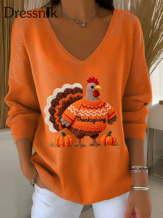 Frauen Thanksgiving Truthahn Langarm T-Shirt mit V-Ausschnitt Orange / S