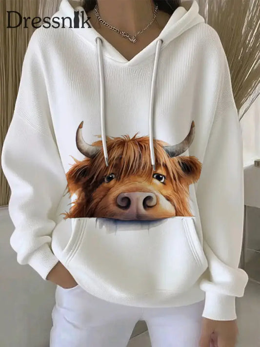 Frauen Tier Highland Kuh Print Casual Hoodie Weiß / S