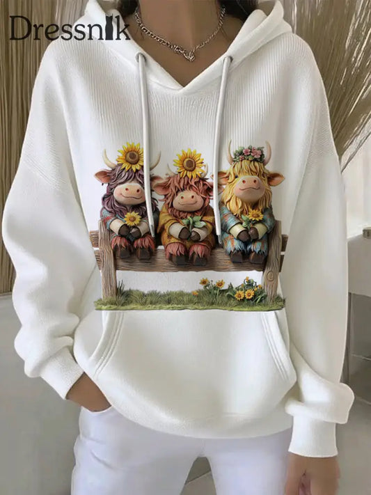 Frauen Tier Highland Kuh Print Casual Hoodie Weiß / S