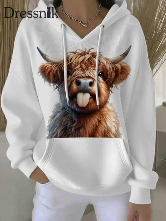 Frauen Tier Highland Kuh Print Casual Hoodie Weiß / S