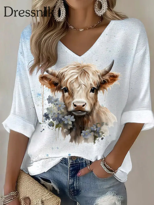 Frauen Tier Highland Kuh Print Casual T-Shirt als bild / S