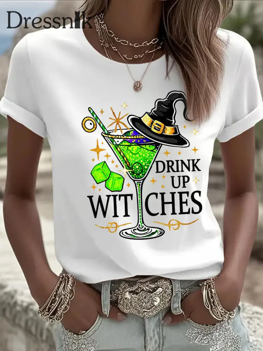 Frauen trinken Hexen drucken lässiges T-Shirt Weiß / S