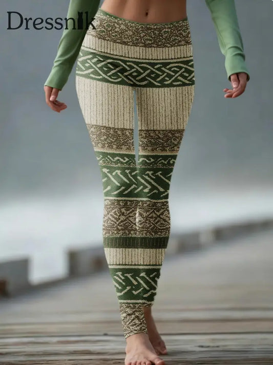 Frauen Vintage Wikinger Baum des Lebens keltische stricken bequeme Leggings Grün / S