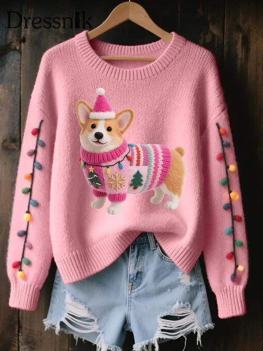 Frauen Weihnachten Corgi Hund Filz Kunst Gemütliche Strick pullover Rosa / S