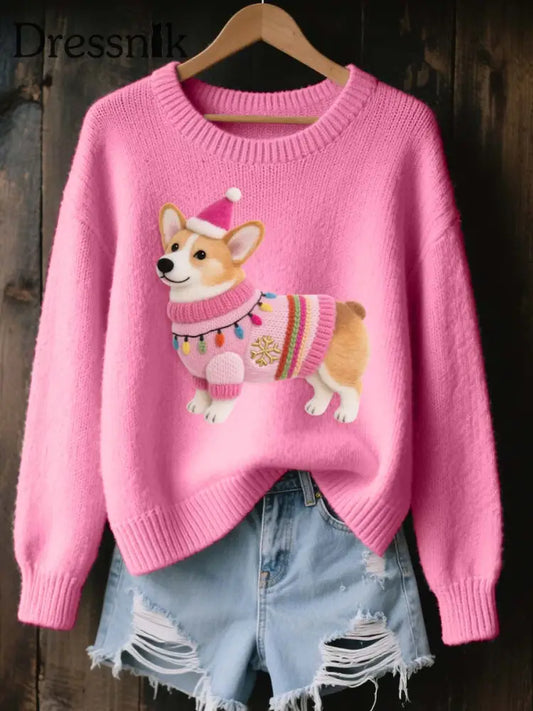 Frauen Weihnachten Corgi Hund Filz Kunst Gemütliche Strick pullover Rosa / S