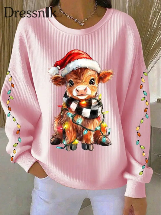 Frauen Weihnachten Highland Kuh Geripptes Rundhals-Sweatshirt Rosa / S