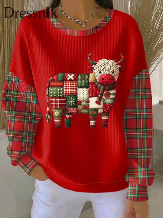 Frauen Weihnachten Highland Kuh Patchwork Print Geripptes Rundhals-Sweatshirt Rot / S