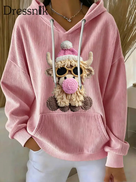 Frauen Weihnachten Highland Kuh Print Casual Hoodie Rosa / S