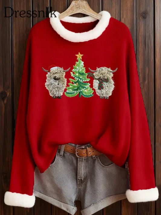 Frauen Weihnachten Highland Kuh Print Top Rot / S