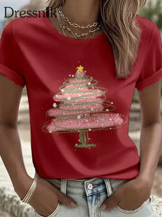 Frauen Weihnachts baum Kunstdruck T-Shirt Rot / S