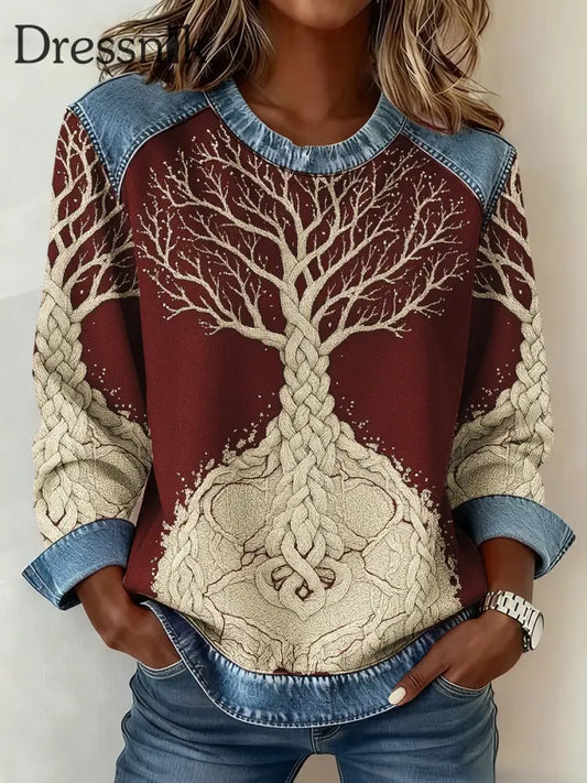 Frauen Wikinger Baum des Lebens 3D-Druck Denim Sweatshirt Rot / S