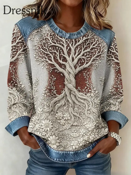 Frauen Wikinger Baum des Lebens 3D-Druck Denim Sweatshirt Weiß / S