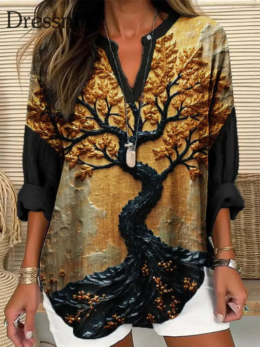 Frauen Wikinger Baum des Lebens Kunst Baumwolle und Leinen T-Shirt als bild / S