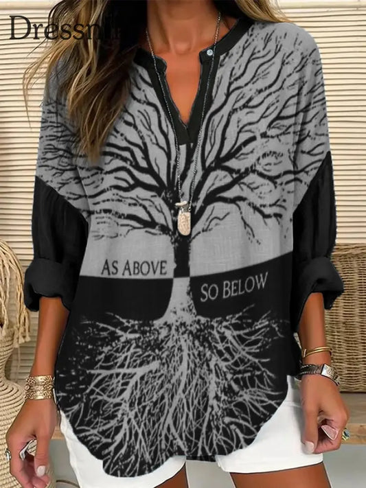 Frauen Wikinger Leben von Baum Kunst Leinen Print Freizeit hemd als bild / S