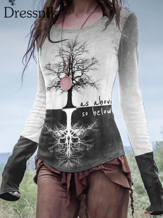 Frauen Wikinger Leben von Baum Kunst Leinen Print Freizeit hemd als bild / S