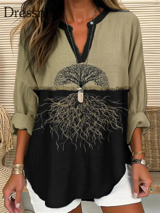 Frauen Wikinger Leben von Baum Kunst Leinen Print Freizeit hemd als bild / S