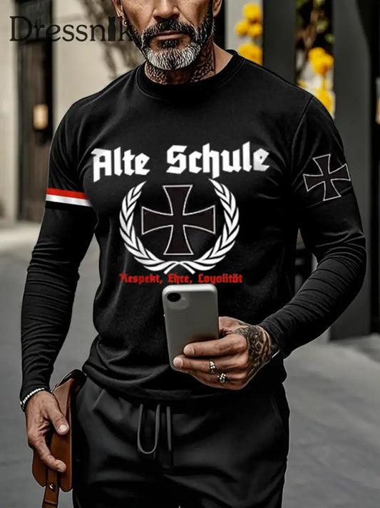 Herren Alte Schule Langarm Rundhals T-Shirt Schwarz / S