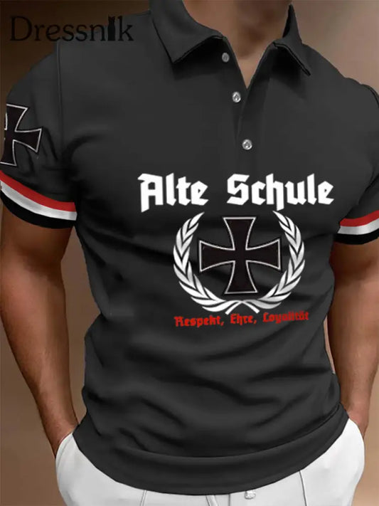 Herren Alte Schule Print Casual Polo Shirt Schwarz / S