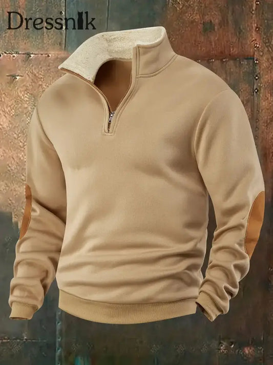 Herren einfarbiger Pullover mit Half-Zip-Pelz kragen Khaki / S