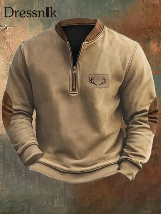 Herren Fleece Vintage Western Geweih Jagd Enthusiast Stand Reiß verschluss Sweatshirt Khaki / S