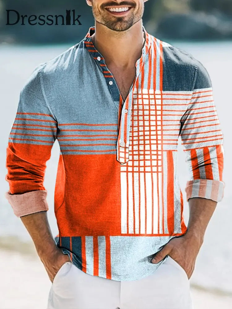 Herren Gestreiftes Geometrisches Muster Hawaiian Langarm Henley Hemd bunt / S
