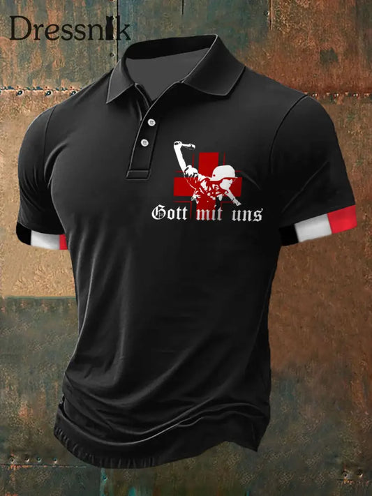 Herren Gott mit uns Soldat bedrucktes Kurzarm-Polos hirt Schwarz / S