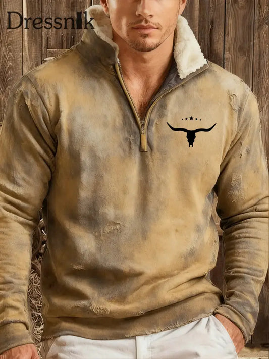 Herren Hoodie im Western-Stil mit Plüsch kragen Khaki / S